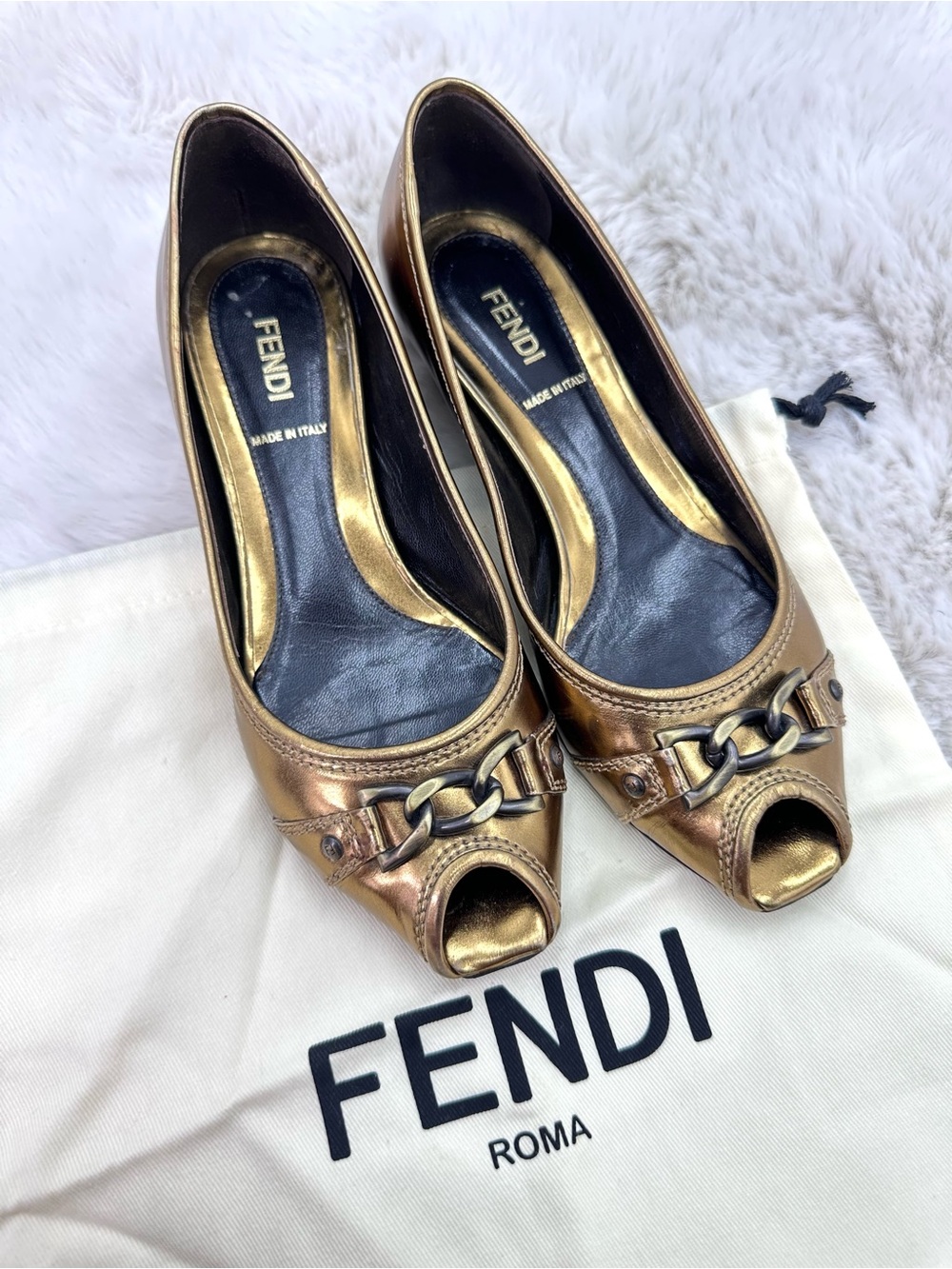Fendi chain accent heeled sandals Gold RARE size 36 US 6